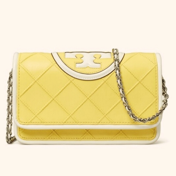 Tory Burch Fleming Leather Soft Wallet on Chain Vintage Lemon Yellow Crossbody💛 - Picture 5 of 8